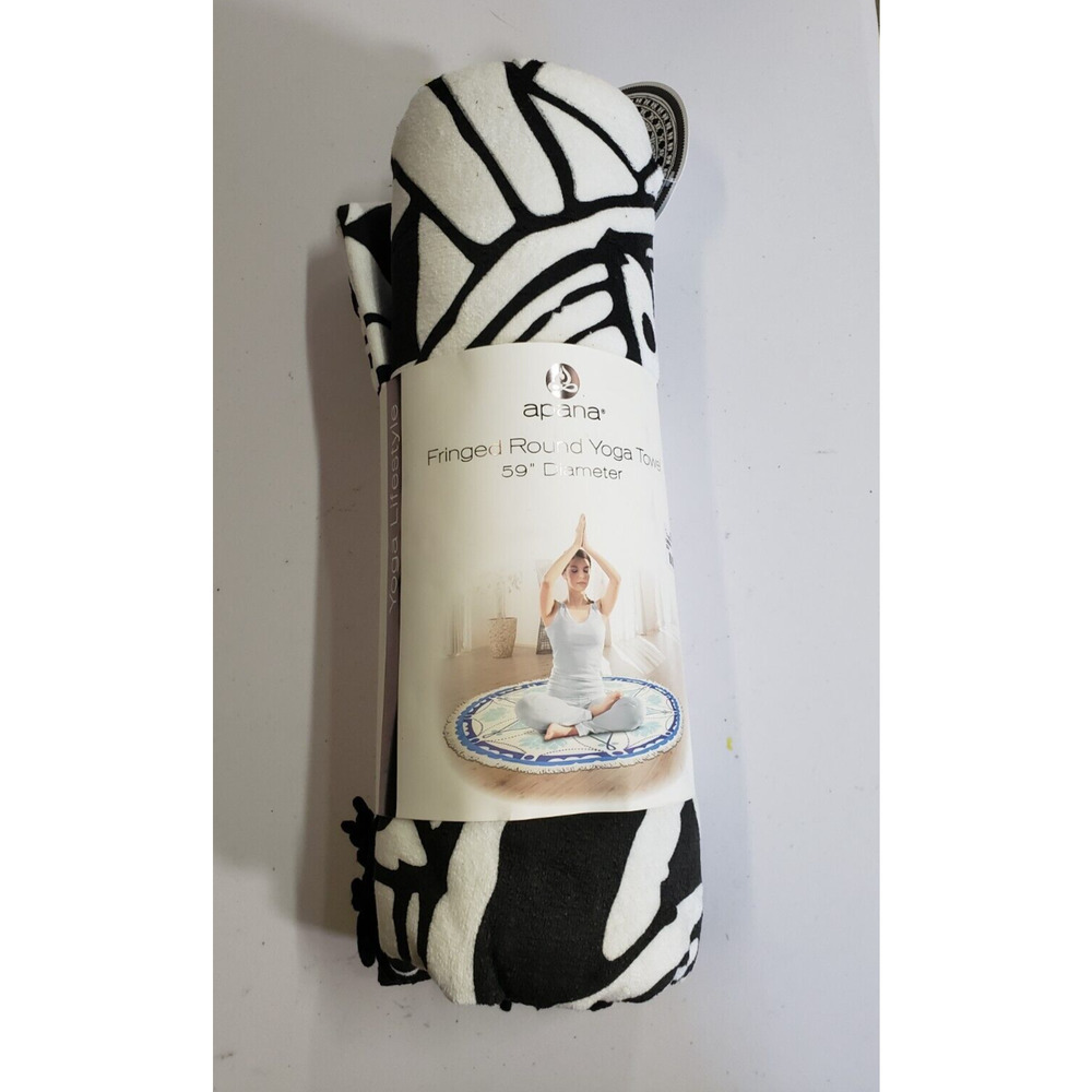 Apana Fringed Round Yoga Towel 59" Diameter Black White NWT